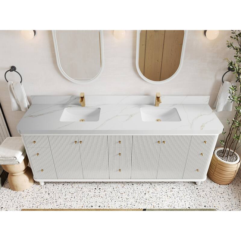 Willow Collections 84 in. W x 22 in. D Reeded Miami Double Bowl Sink Bathroom Vanity with Countertop - 2"Calacatta Sienna - Antique White