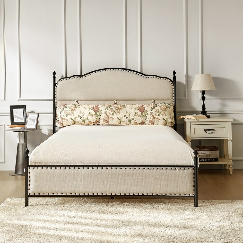 Eulalia Transitional Upholstered Platform Metal Bed Frame Four Poster Bed with High Headboard&Pillow