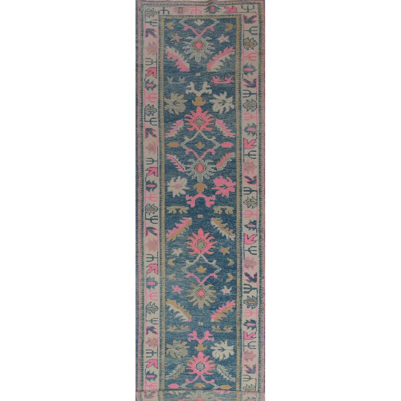 Hand Knotted Oriental 100% Wool Carpet Transitional Floral Navy Blue & Blues Oushak Runner Rug - 15' 10'' X 3' 2''