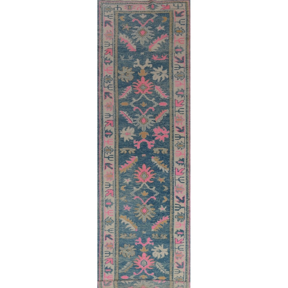 Hand Knotted Oriental 100% Wool Carpet Transitional Floral Navy Blue & Blues Oushak Runner Rug - 15' 10'' X 3' 2''