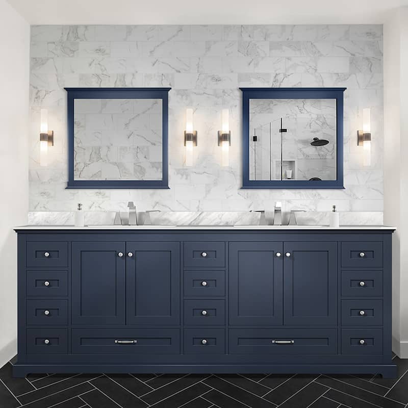 Dukes 84 in. W x 22 in. D Navy Blue Double Bath Vanity, Carrara Marble Top, Faucet Set, and 34 in. Mirrors - Blue - Double Vanities