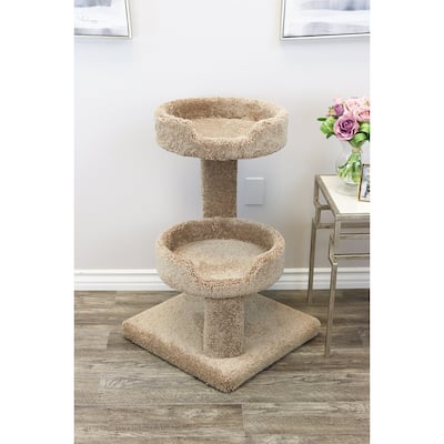 Solid Wood Large Cat Sleeper Tower with Two Deep Circular Perches and Sisal Rope Scratching Post for Cozy Cat Naps