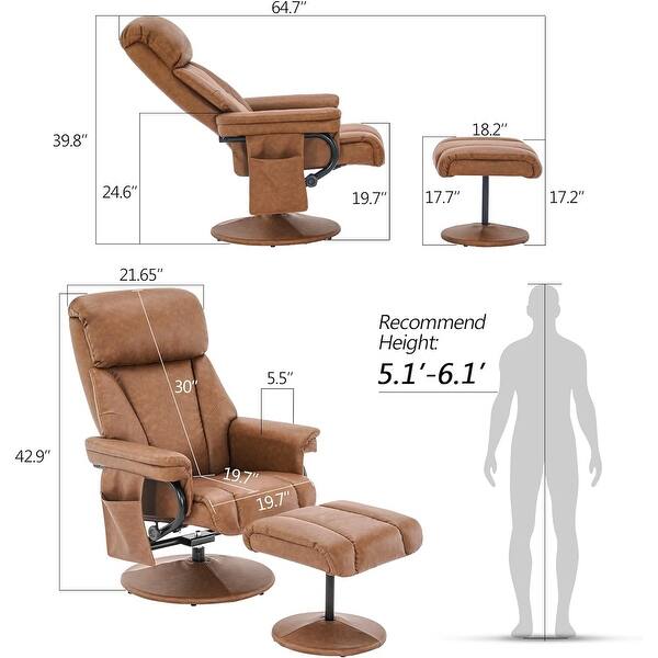 dimension image slide 1 of 4, MCombo Set of 2 Swivel Recliner with Ottoman, Reclining Chair with Massage, Faux Leather Lounge Chair
