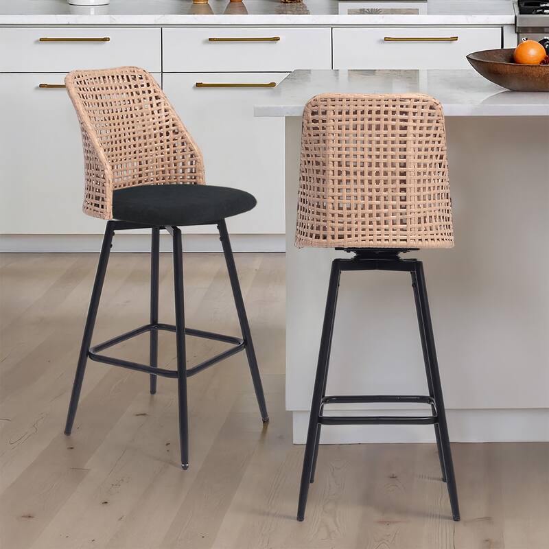 2 Set Wicker 27" Upholstered Counter Bar Stool With Back
