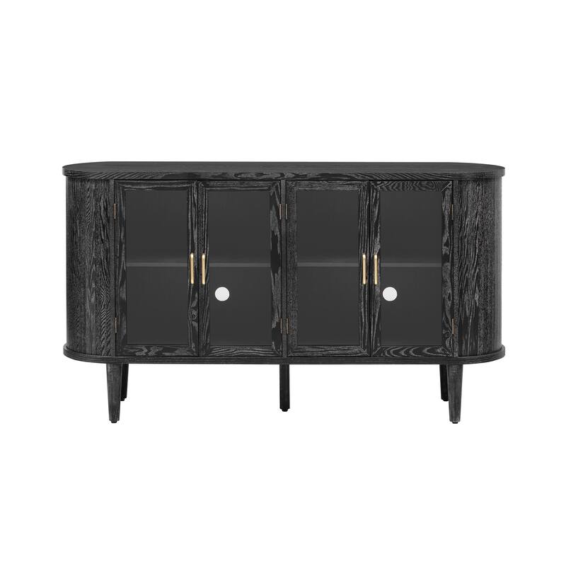 Buffet Cabinet with Glass Doors, Multifunctional Solid Wood Sideboard, Storage Cabinet with Adjustable Shelves & Oval Tabletop