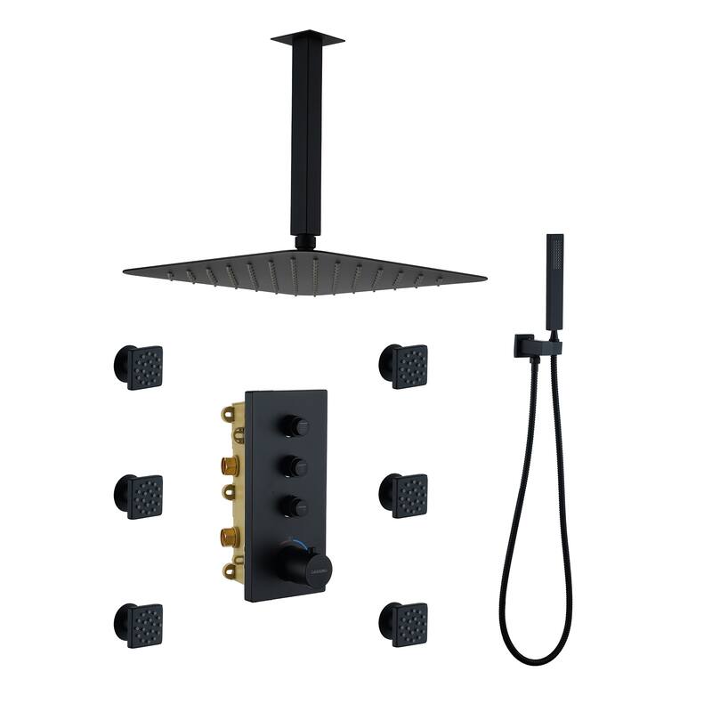 3 Functions 12 Inch Ceiling Mounted Thermostatic Shower System in Matte Black - Black