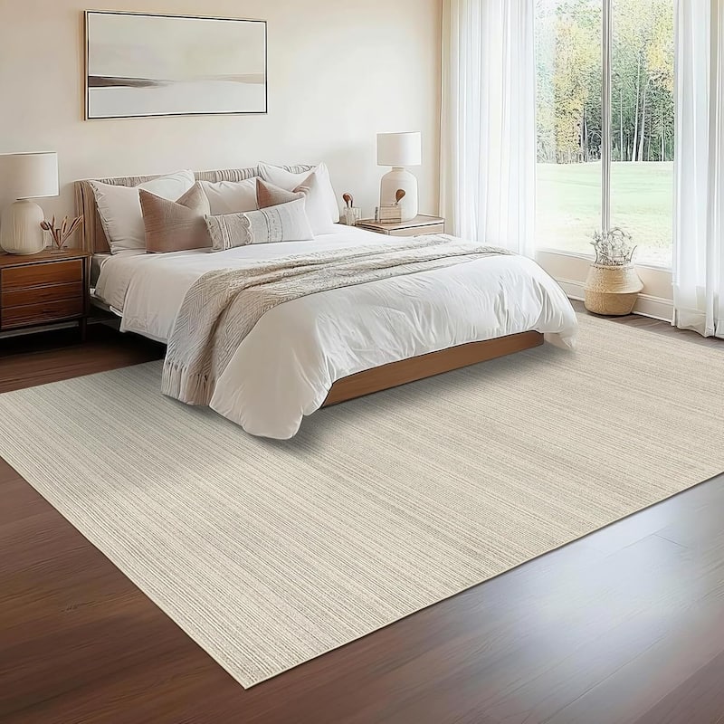 Modern Stripe Machine Washable Area Rug for Bedroom, Living Room, Beige - 1'6" x 2'6" - Beige 10' x 13'