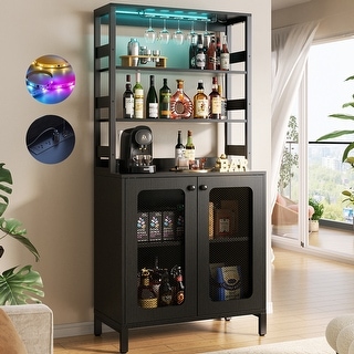 66.9'' Tall Modern Wine Cabinet Bar Cabinet with Wine Glasses Rack and LED Strip and Power Outlets