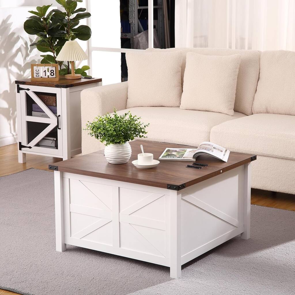 Farmhouse Square Coffee Table with Large Hidden Storage Compartment