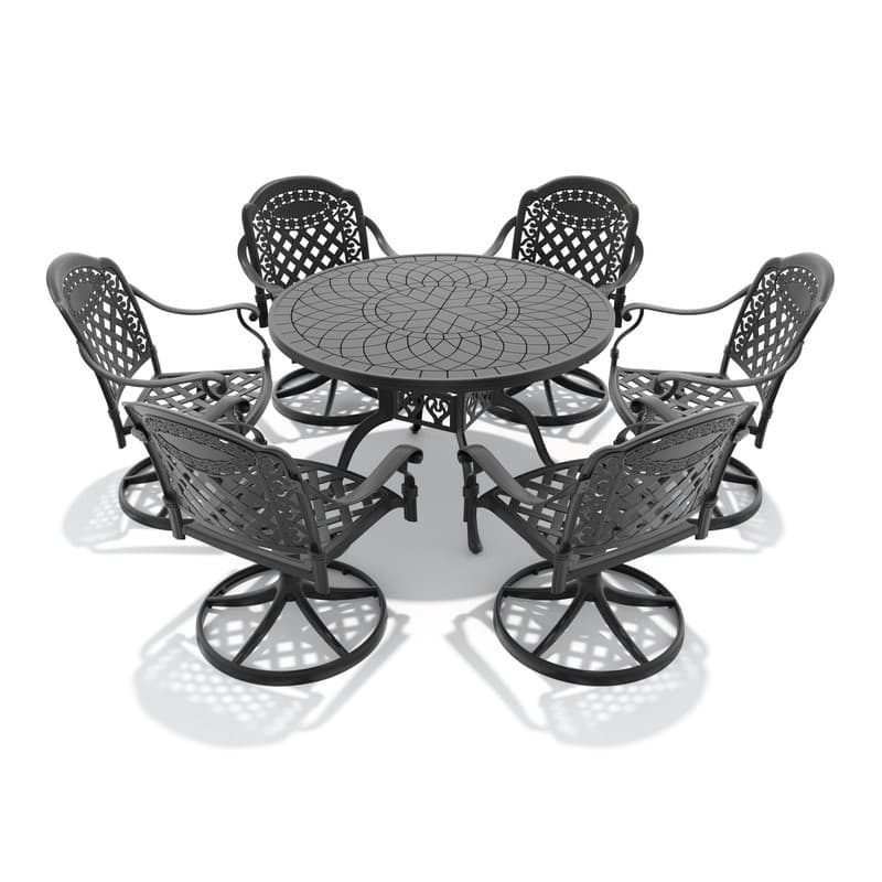 7-Piece Aluminum Round Outdoor Patio Dining Set, 6 Cushioned Swivel Chairs, Table, All-Weather Frames