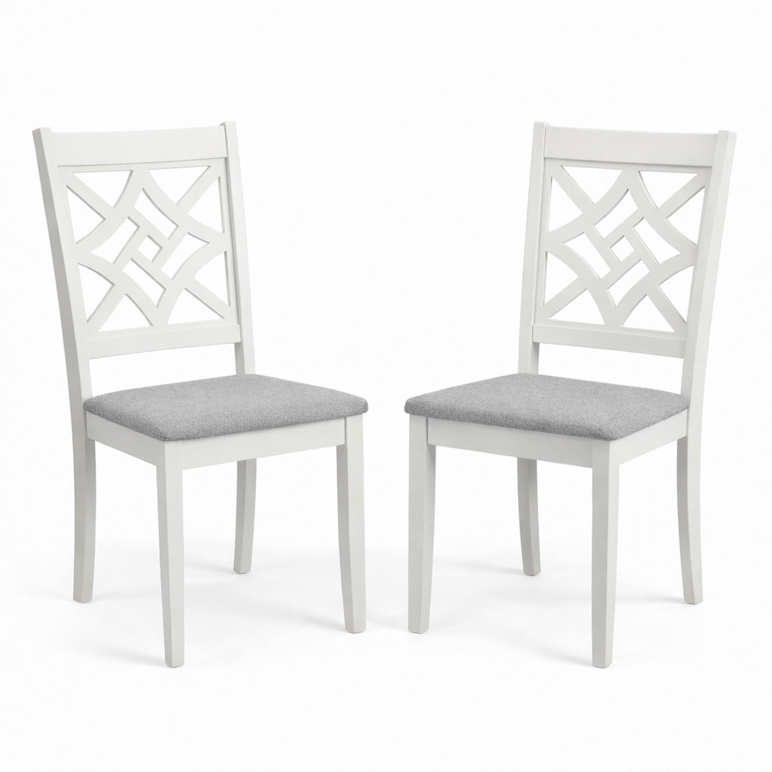 Traditional Dining Chairs, Set of 2, White Finish with Grey Polyester Upholstered Seats Solid Rubberwood