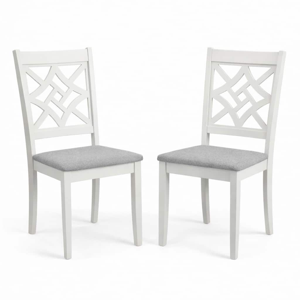 Traditional Dining Chairs, Set of 2, White Finish with Grey Polyester Upholstered Seats Solid Rubberwood