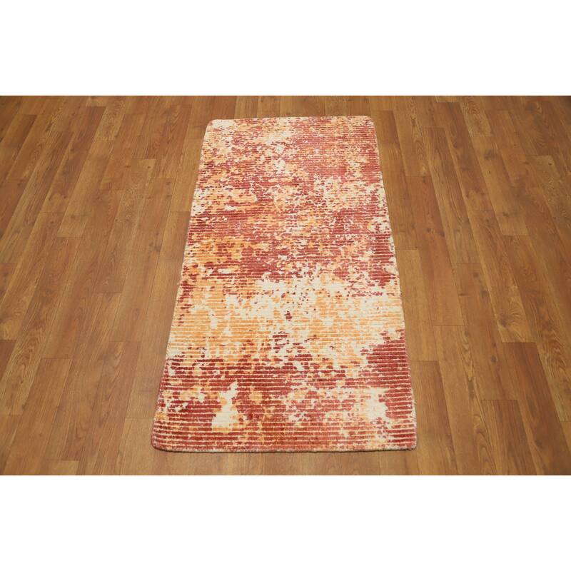 Hand Knotted Oriental Viscose Silk Carpet Modern Abstract Oranges & Rust Abstract Area Rug - 4' 0'' X 2' 0''