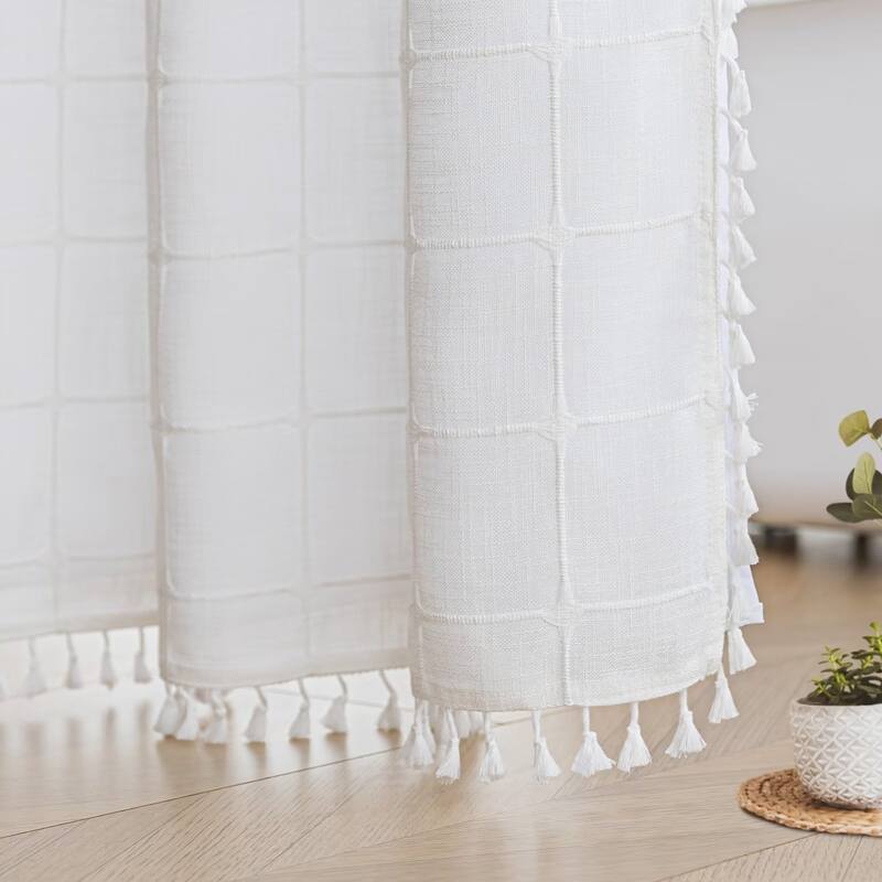 No Hooks Linen Textured Geometric Tassels Shower Curtain with Snap-in Liner
