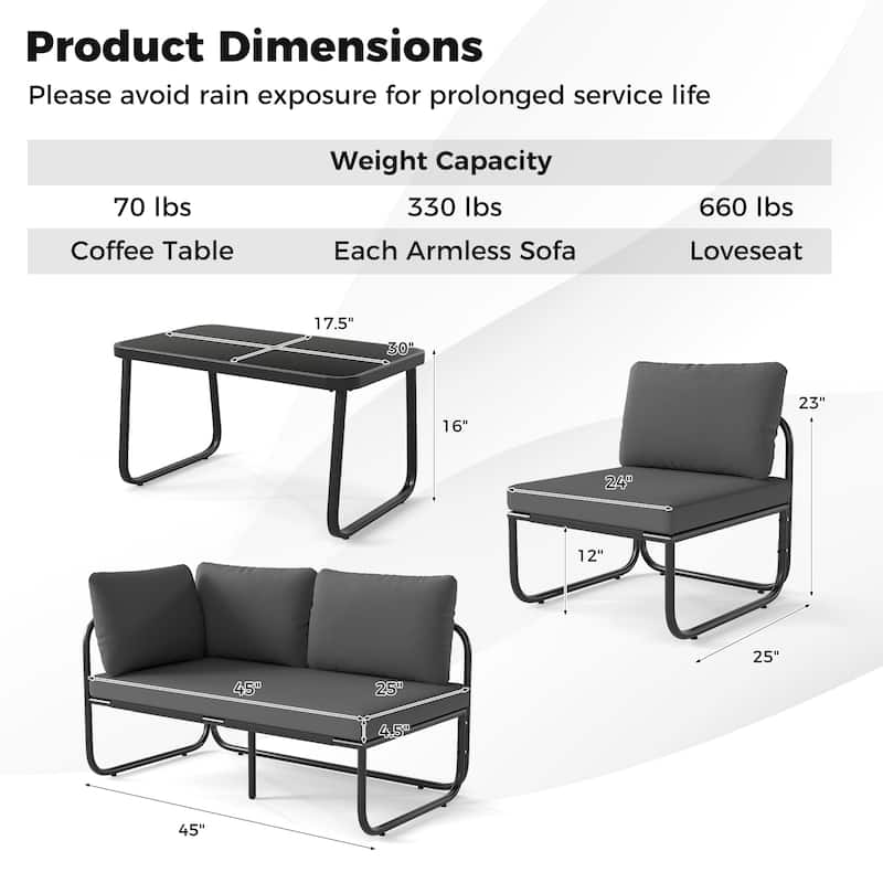 Gymax Set of 4 Patio Furniture Set w/Cushions & Tempered Glass Coffee