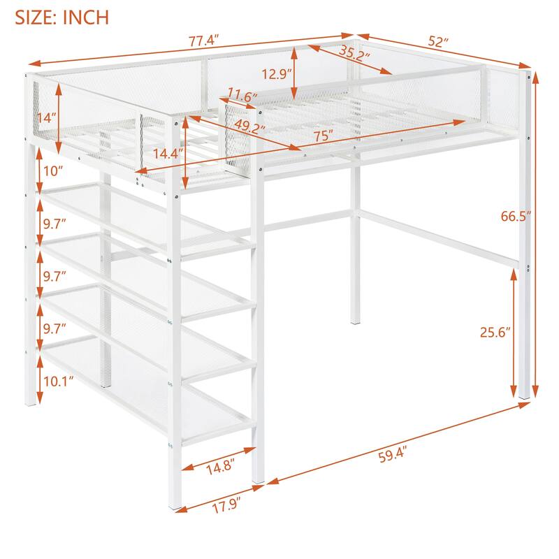 Twin/Full Metal Loft Bed with Built-in Desk, Shelves, and Storage, Modern Design