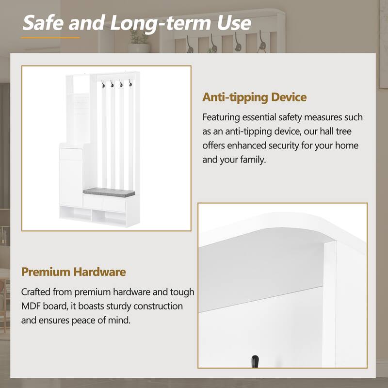 Charming Hall Tree, Entry Shoe Rack Bench Padded Seat