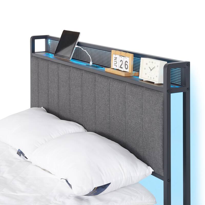 VECELO Bed Frames with Charging Stations, Upholstered Platform Beds with Storage Headboard and 4 Drawers