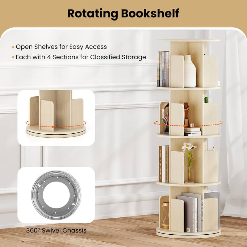 Narrow 4-Tier Rotating Storage Bookshelf with Swivel Display and Dividers for Home and Office - 15.5" x 15.5" x 50.5"
