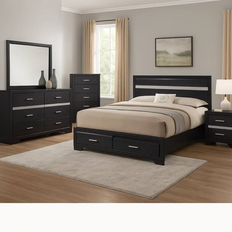 Vino Black 5 Piece Queen Bed Set with Dressers, Glitter Accent