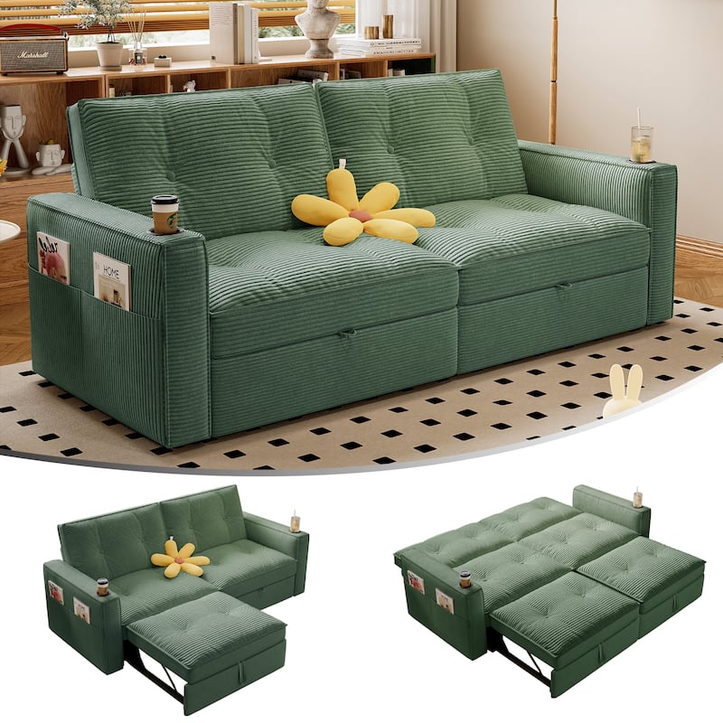 Multi-Functional Corduroy Loveseat Couch Convertible Sleeper Sofa Bed with Cup Holders and Side Pockets for Sitting, Sleeping