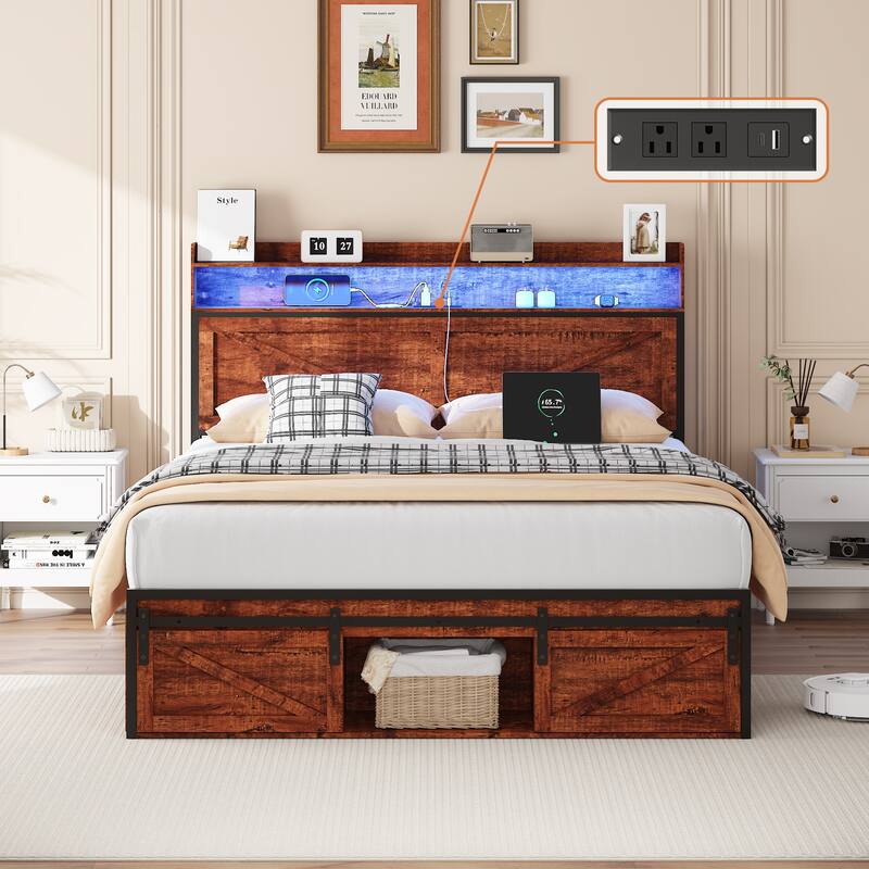 Queen/Full Bed Frame with Storage Headboard, Footboard Storage & LED Lights - Anti-Slip Noise-Free Metal Platform - Brown - Queen