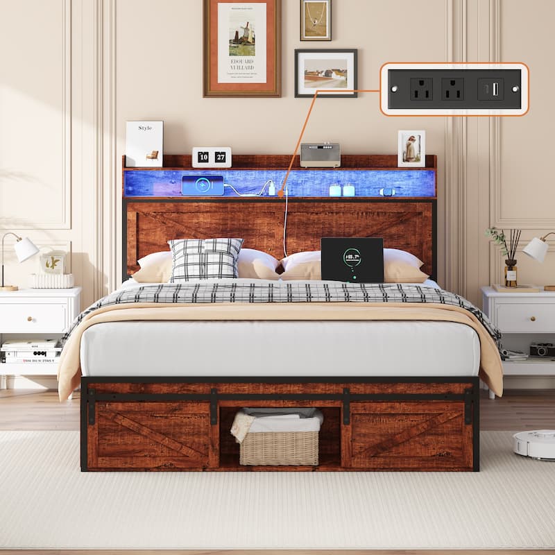 Queen-size Bed Frame with Storage Headboard, Footboard Storage Compartments and LED Lighting, Equipped with Anti-slip - Brown