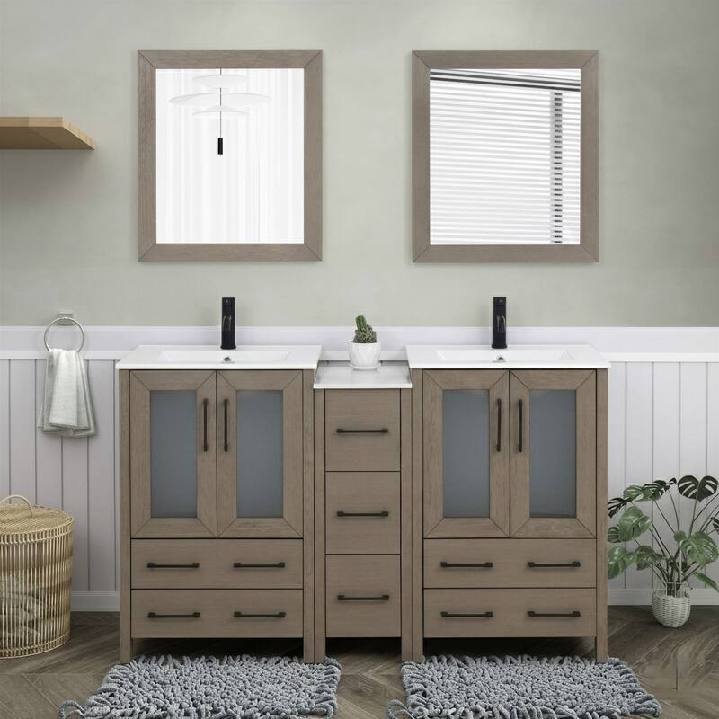 Vanity Art 60 in. Double Sink Bathroom Vanity with Top and Mirrors - 60 X 18.1 X 35.8 - Driftwood Gray