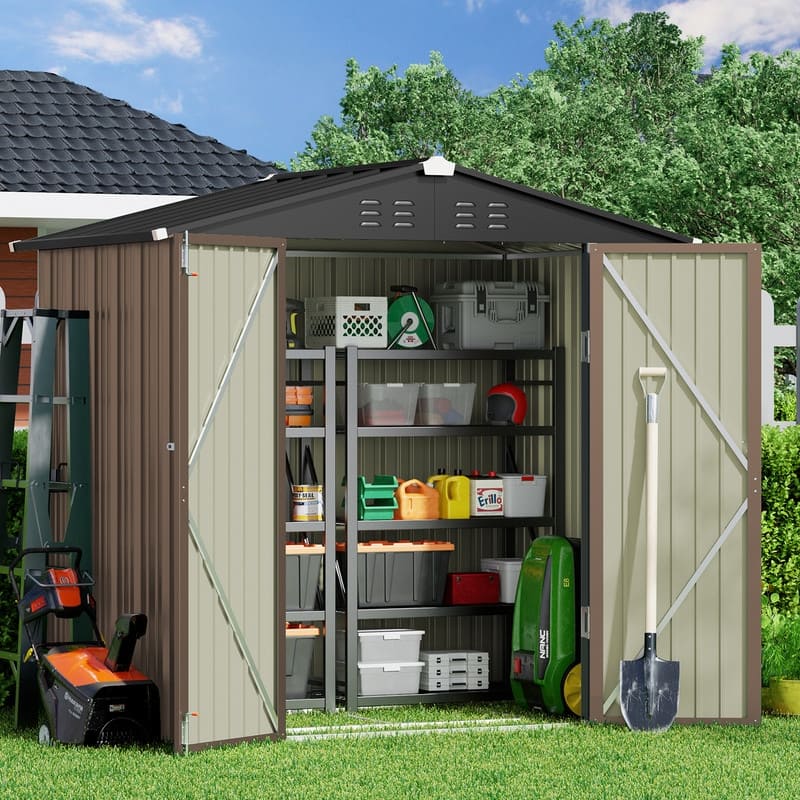 6' x 4' Outdoor Rust- Resistant Metal Garden Ventilated Storage Shed, Backyard Metal Tool Storage with Lockable Double Doors - Light Brown