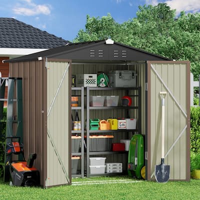 6' x 4' Outdoor Rust- Resistant Metal Garden Ventilated Storage Shed, Backyard Metal Tool Storage with Lockable Double Doors