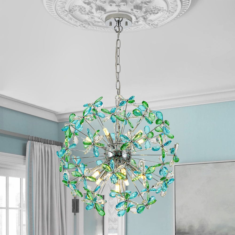 Art Deco Blue Green Floral Crystal Firework Chandelier 19.7in