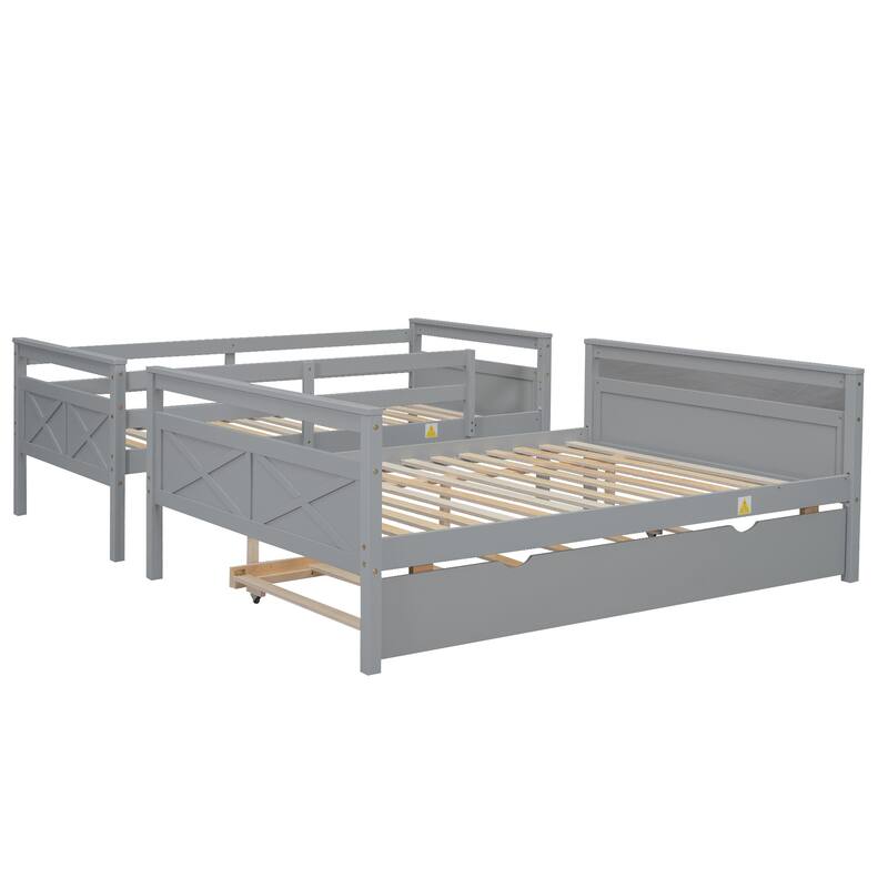 Twin over Full Bunk Bed with Ladder, Trundle, Safety Guardrail, Gray