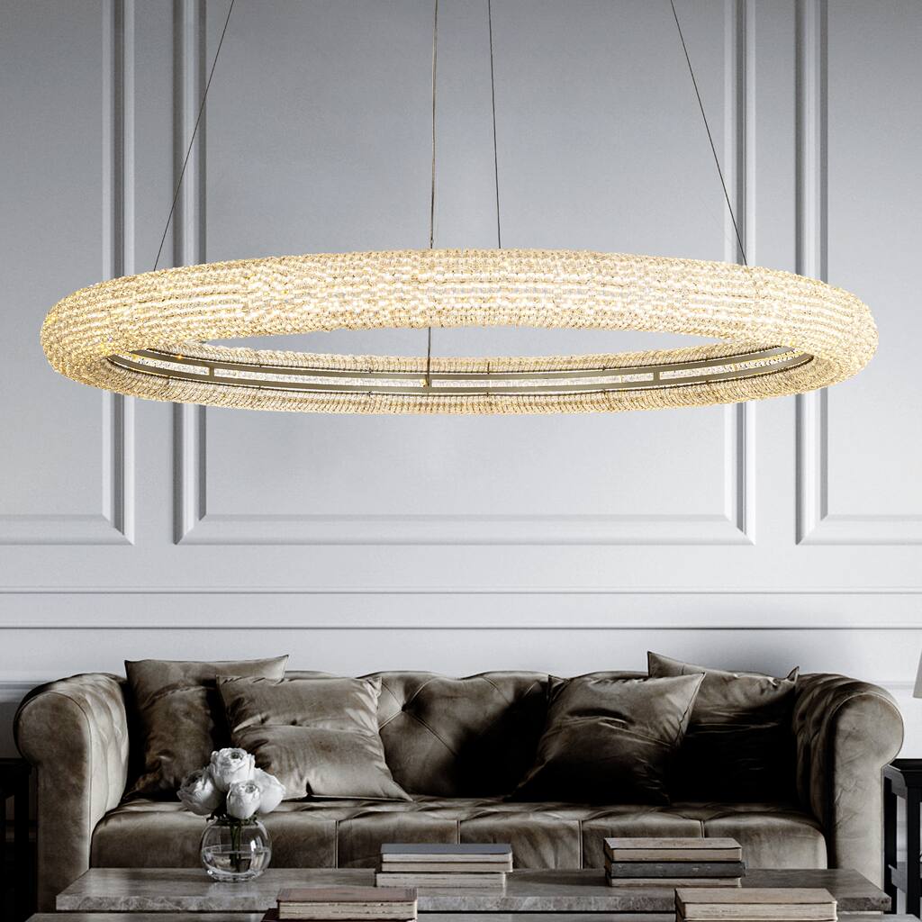 Unique/Statement Soft Gold LED Wagon Wheel Chandelier With Crystal Beads Accents