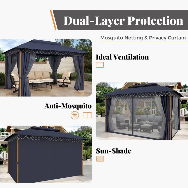 10 x13 ft Patio Gazebo Heavy Duty Metal Frame Canopy Tent with Double Roof & Mosquito Netting