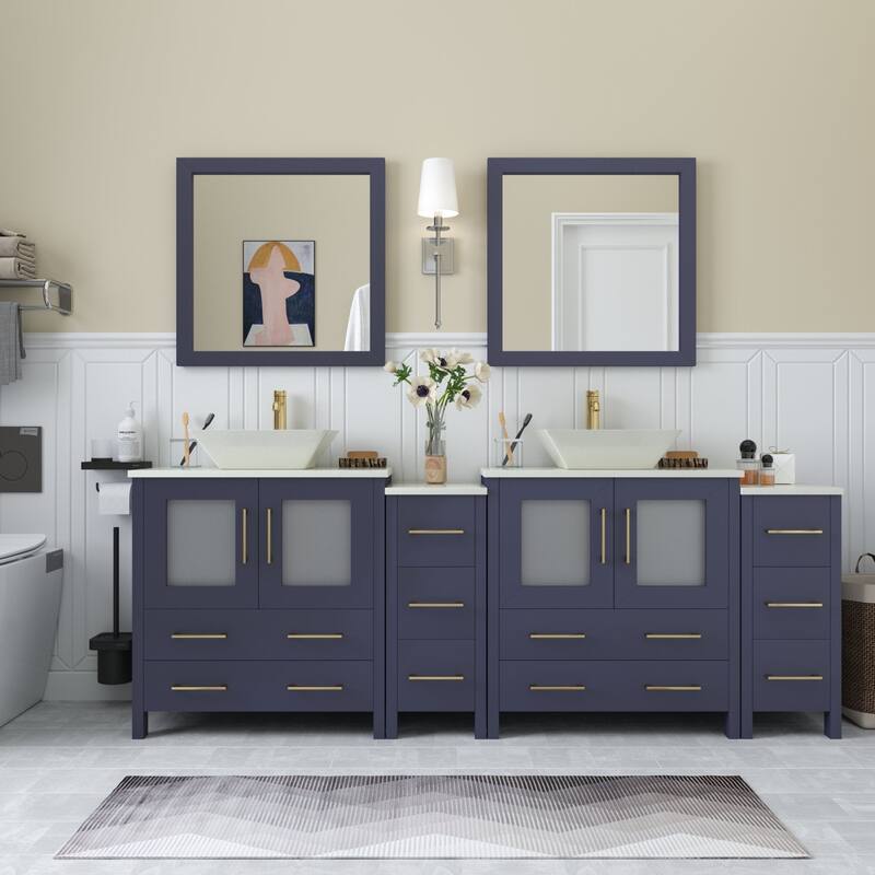 Vanity Art 84-inch Double Sink Bathroom Vanity Set with Engineered Marble Top and Free Mirror - 84 x 18.5 x 36 Inches - Blue