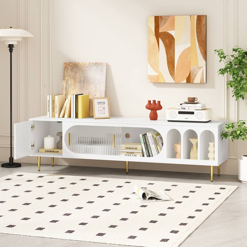 Roomfitters Modern TV Stand for up to 70 Inch TV, Entertainment Console with Cabinets and Shelves for Living Room - White