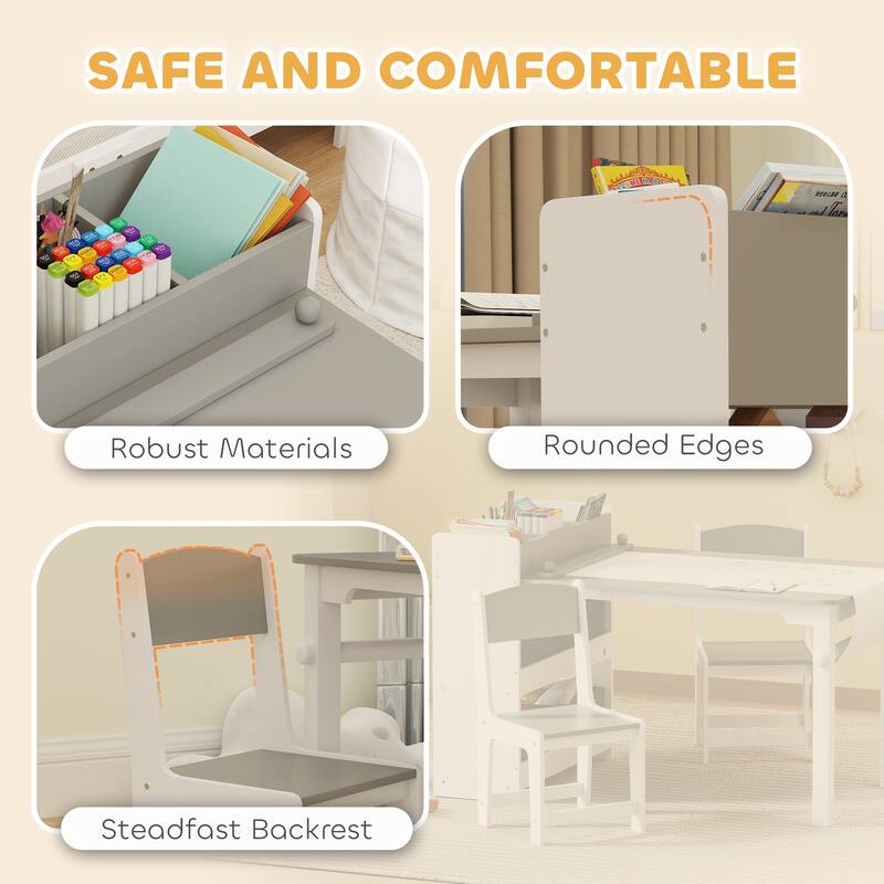 Qaba Kids Desk and Chair Set with Paper Roll, Kids Art Table and Chairs Set with Storage Shelves, Activity Craft Table