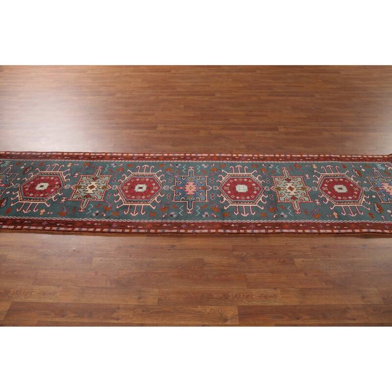 Teal Green Khotan Oriental Runner Rug Hand-Knotted Wool Carpet - 2'6"x 9'9"