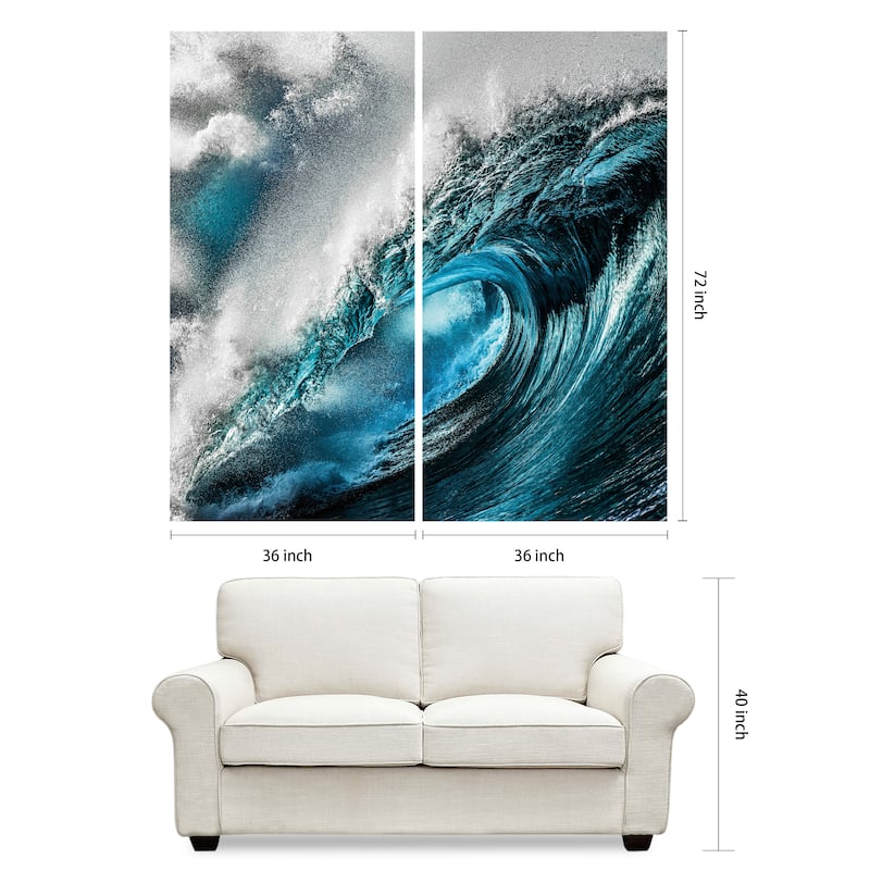 "Sapphire Sea" Oversized 72"x 36" Frameless Reverse Printed Tempered Art Glass Wall Art Set