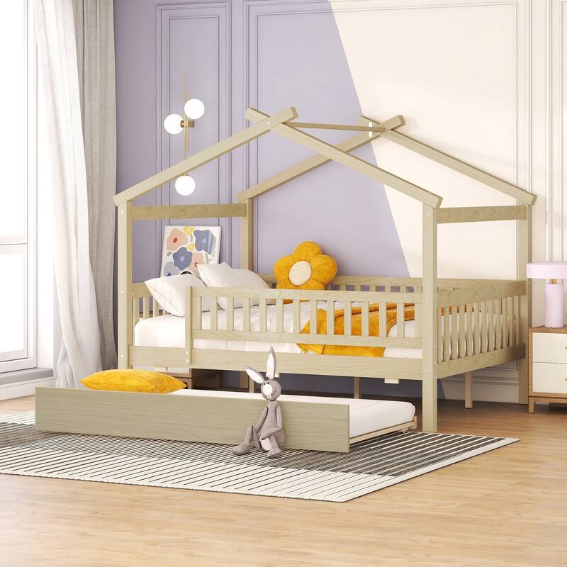 Pine House Bed with Trundle, Guardrail & Roof