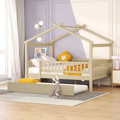 Wooden House Bed with Trundle