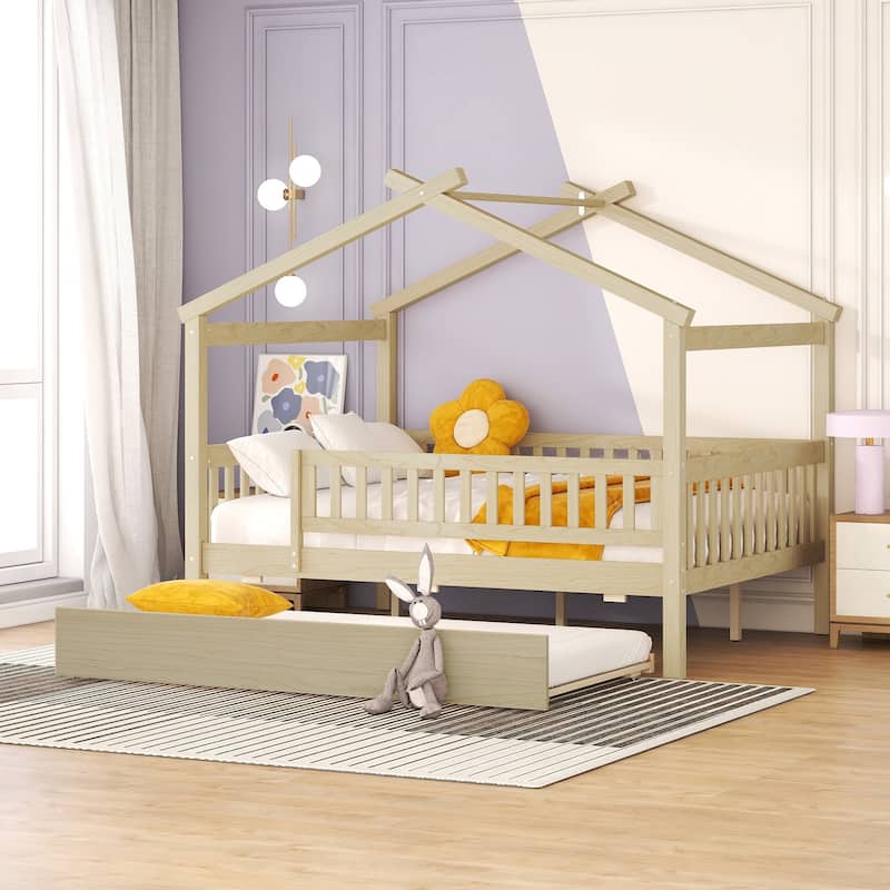 Wooden Twin/Full House Bed with Trundle and Headboard, Sky Roof Design, Durable Pine Wood
