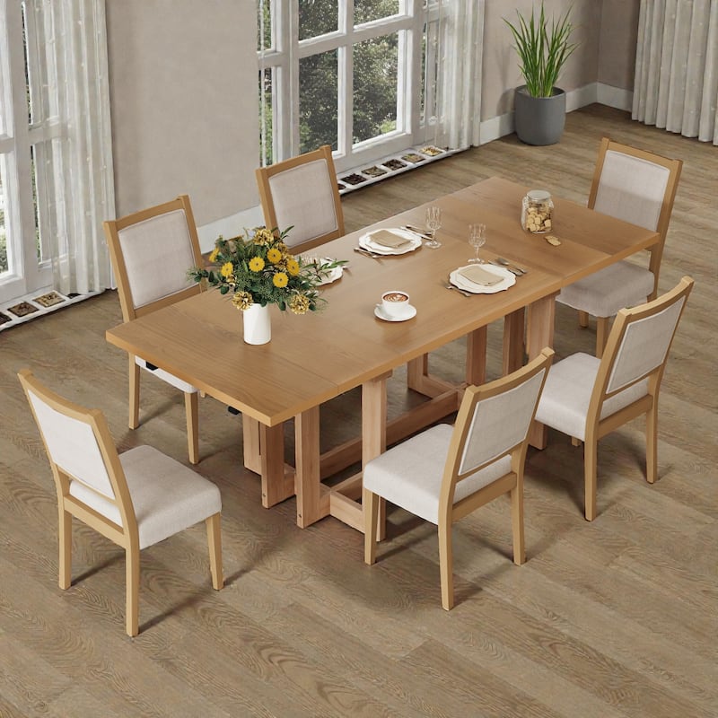 82" Rustic 7-Piece Extendable Dining Table Set with Trestle Base, 6 Upholstered Chairs and Two 12" Removable Leaves - Natural