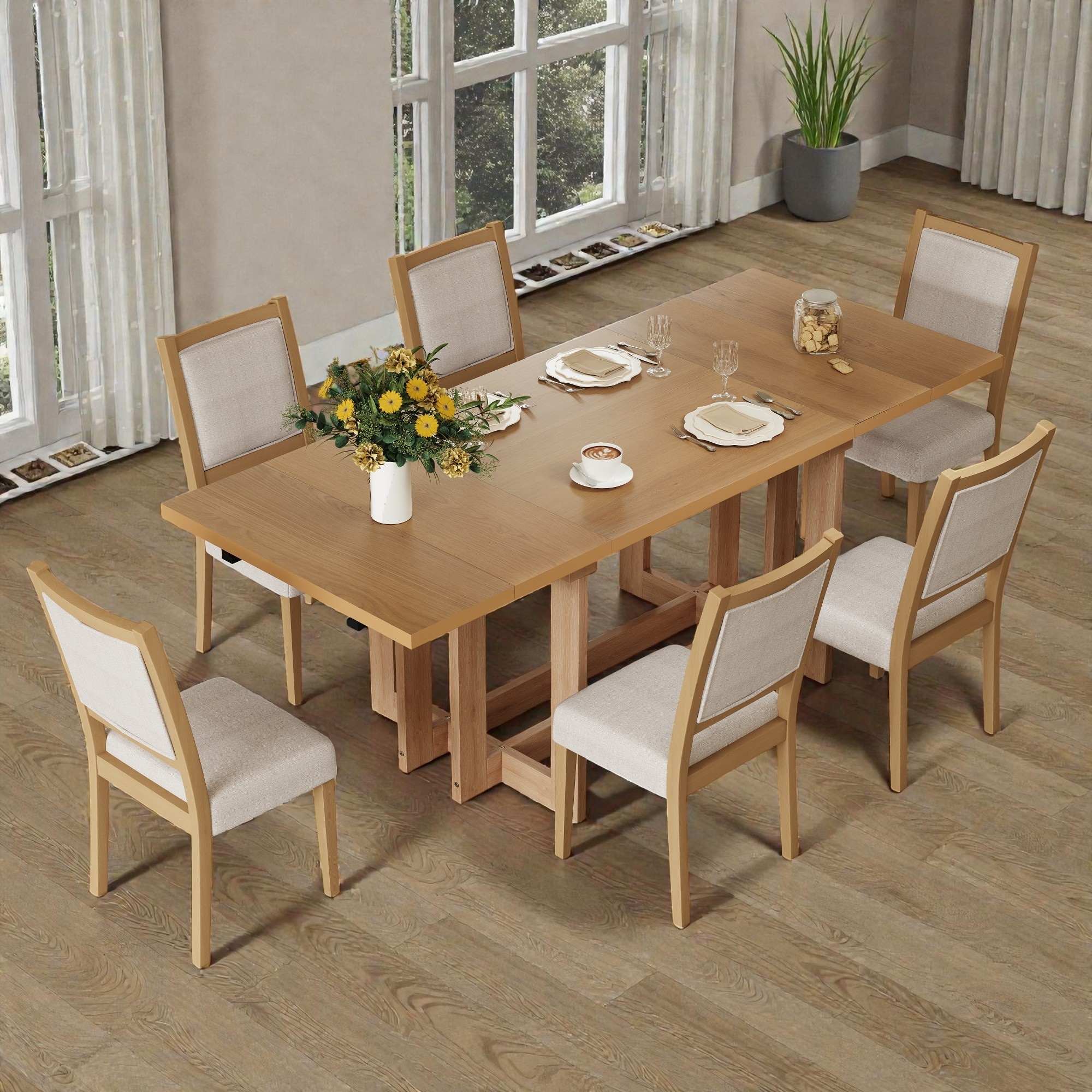 82" Rustic 7-Piece Extendable Dining Table Set with Trestle Base, 6 Upholstered Chairs and Two 12" Removable Leaves
