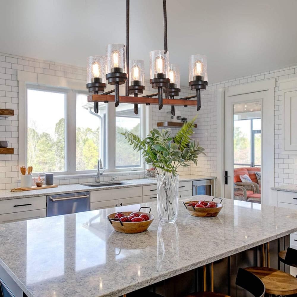 24 Inch Wide Wood Farmhouse Dinning Table Rustic Chandelier Light, Industrial Vintage Pendant Kitchen Island Lamp