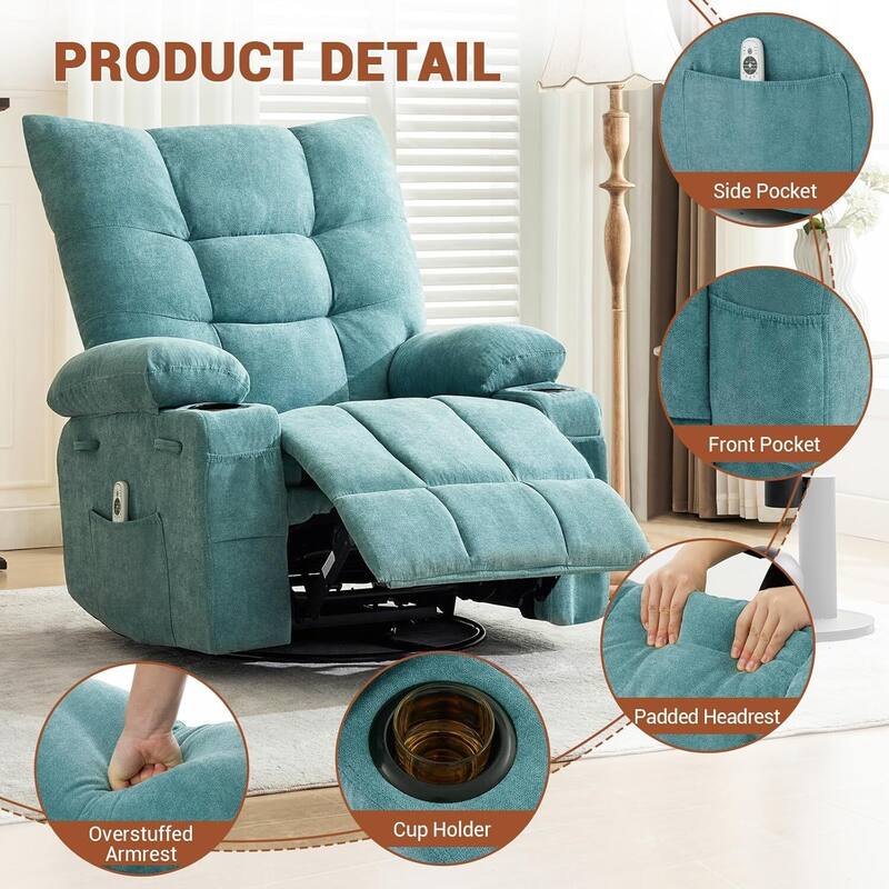 Swivel Rocker Recliner Chair, with Massage and Heat and Side Pocket
