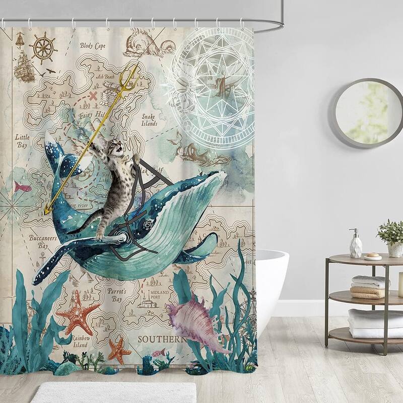 Funny Cat Shower Curtain Riding Whale Fun Sea Cute Beach (W60''xH72'')