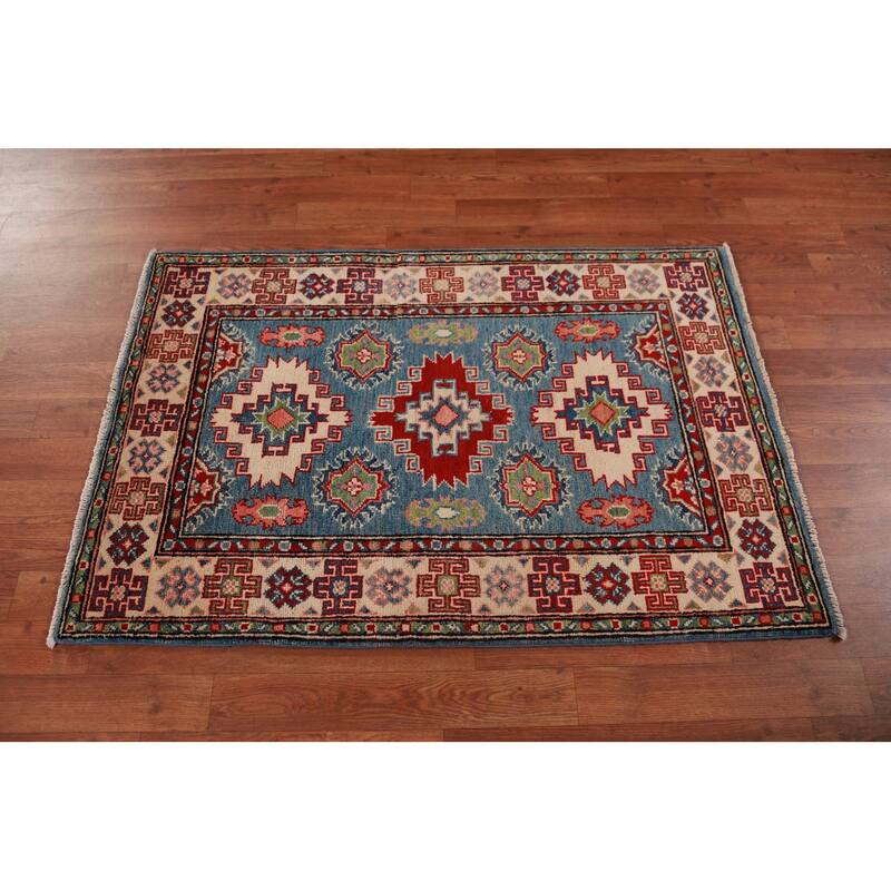 Geometric Blue Kazak Foyer Rug Hand-Knotted Accent Wool Carpet - 2'8"x 4'0"