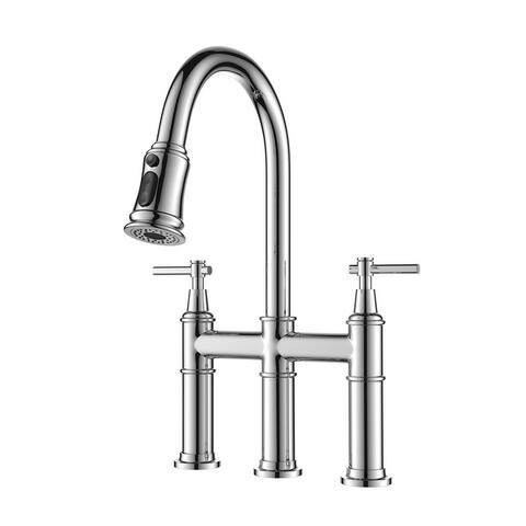 Transitional Bridge Kitchen Faucet With Pull Down Sprayer 2 Handle Kitchen Sink Faucet 3 Hole Modern Lead-Free Basin Vanity Taps