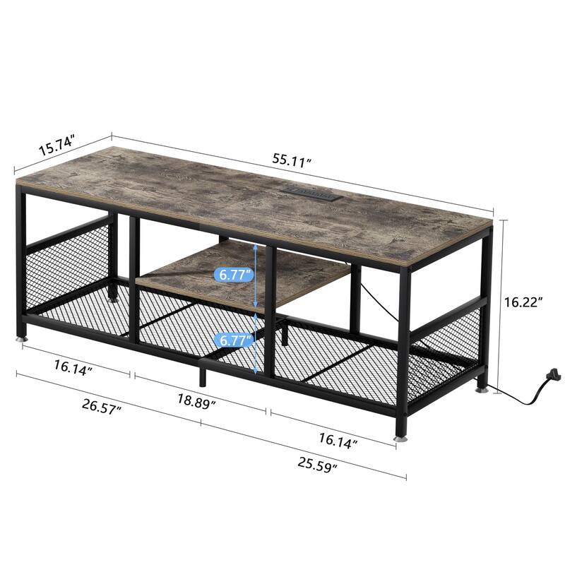 VECELO 55 Inch Grey TV Stand TV Media Console Table Entertainment Center with Power Outlets and Open Storage Shelves